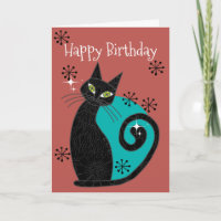 Mid Century Modern Atomic Cat Retro Happy Birthday