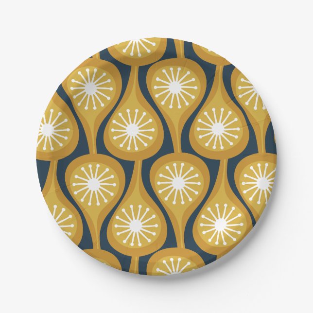 Mid Century Modern Atomic Drops Pattern Mustard Paper Plate (Front)