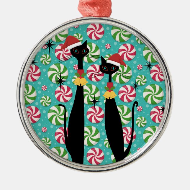 Mid Century Modern Atomic Era Cool Cat Peppermint Metal Tree Decoration (Front)