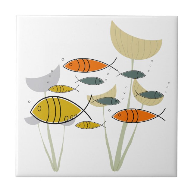 Mid Century Modern Atomic Era Fish Swimming Custom Tile (Front)