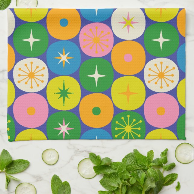 Mid Century Modern Atomic Era Space Age Colourful Tea Towel (Folded)