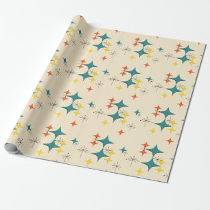 Mid Century Modern Atomic Era Starbursts Turquois Wrapping Paper