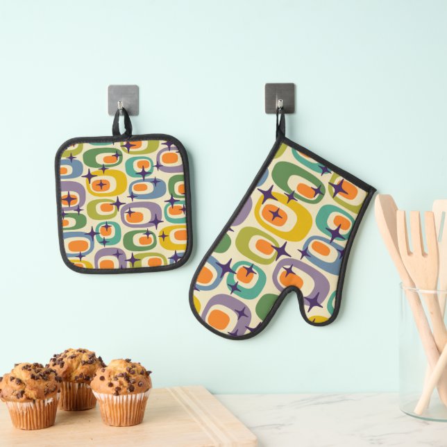 Mid Century Modern Atomic Pattern Oven Mitt & Pot Holder Set (Insitu(Hanging))