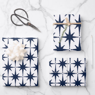 Mid Century Modern Atomic Starburst Pattern Navy  Wrapping Paper Sheet