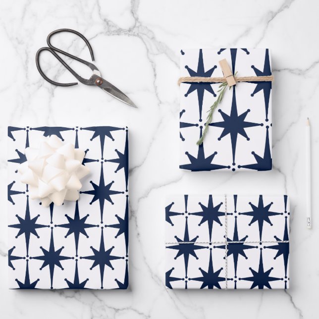 Mid Century Modern Atomic Starburst Pattern Navy  Wrapping Paper Sheet (Front)
