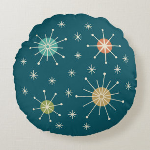 Mid Century Modern Atomic Starburst Pattern Round Cushion