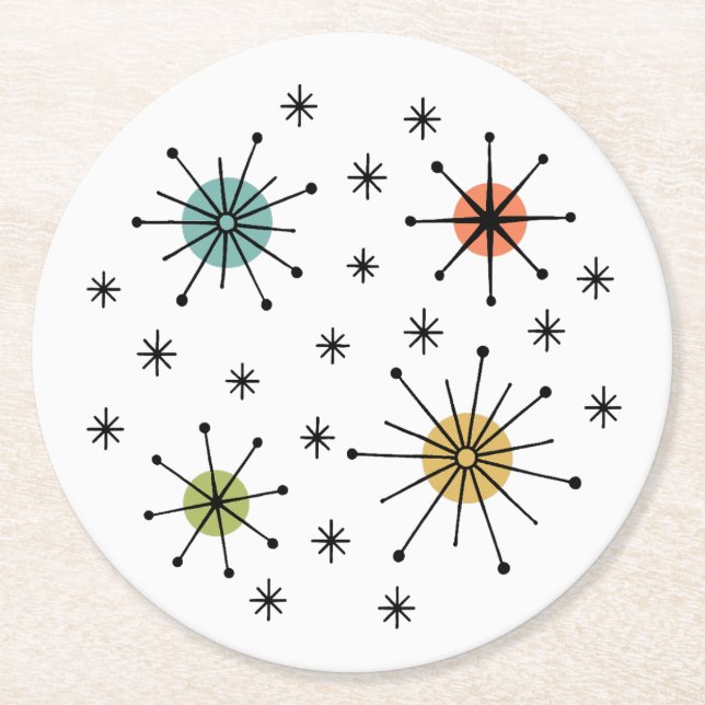 Mid Century Modern Atomic Starburst Pattern Round Paper Coaster (Front)