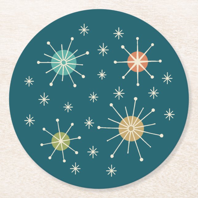 Mid Century Modern Atomic Starburst Pattern Round Paper Coaster (Front)