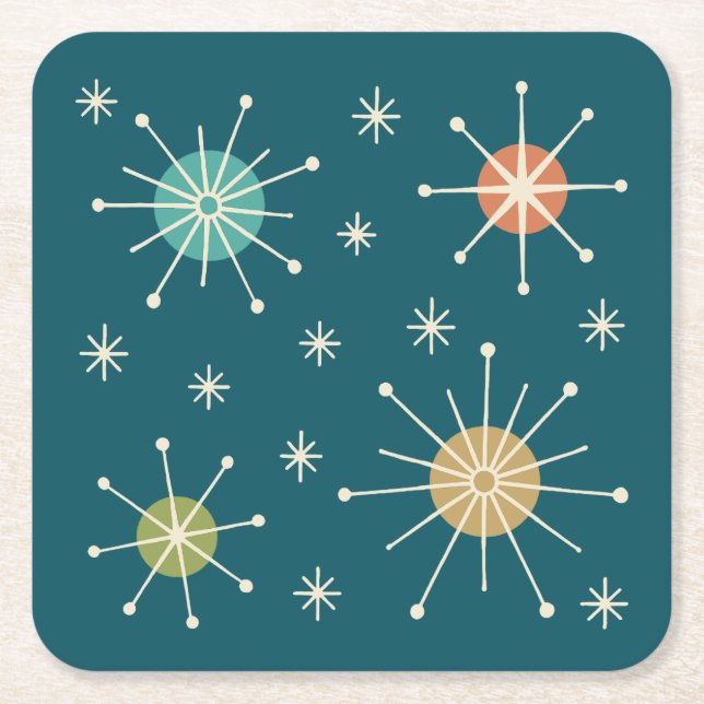 Mid Century Modern Atomic Starburst Pattern Square Paper Coaster (Front)