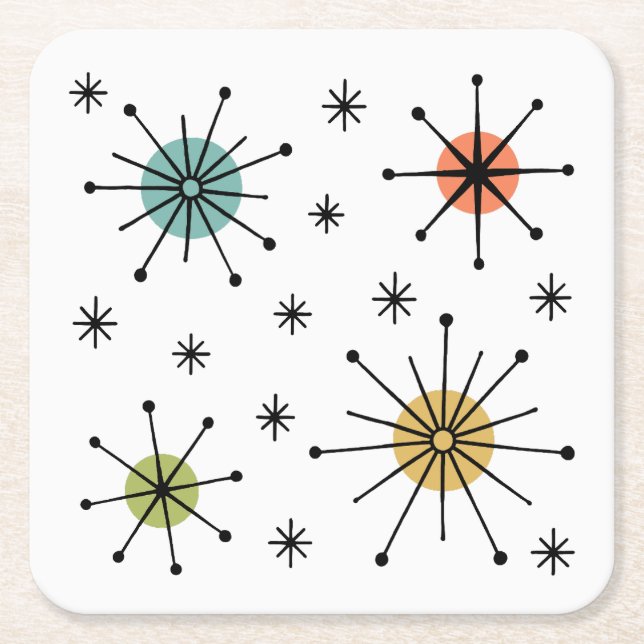 Mid Century Modern Atomic Starburst Pattern Square Paper Coaster (Front)
