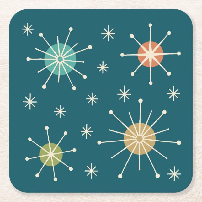 Mid Century Modern Atomic Starburst Pattern Square Paper Coaster (Front)