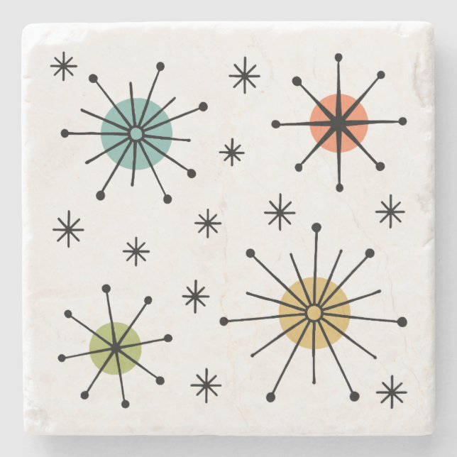 Mid Century Modern Atomic Starburst Pattern Stone Coaster (Front)