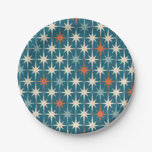 Mid Century Modern Atomic Starburst Pattern Teal Paper Plate