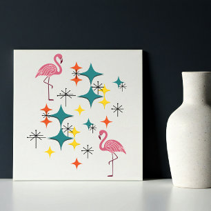 Mid Century Modern Atomic Starburst Pink Flamingos Tile
