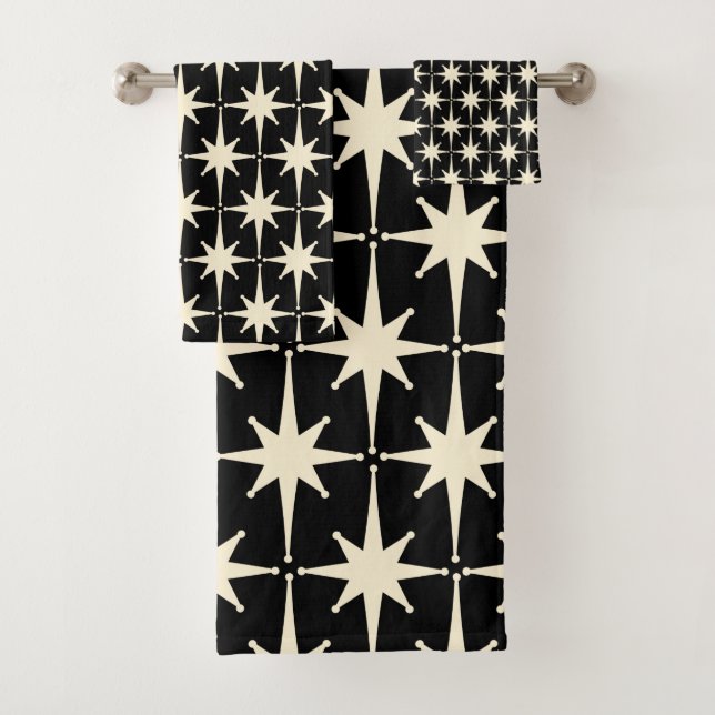 Mid Century Modern Atomic Starbursts Black Cream Bath Towel Set (Insitu)
