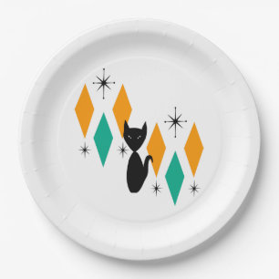 Mid Century Modern Atomic Starbursts Diamonds Cat Paper Plate