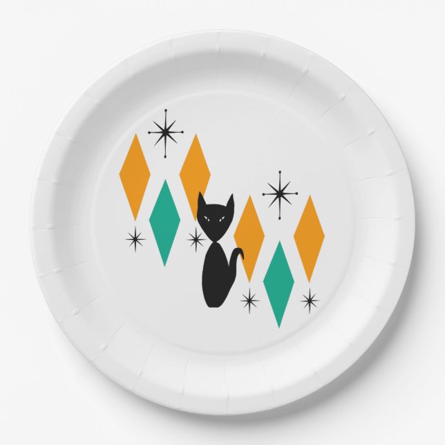 Mid Century Modern Atomic Starbursts Diamonds Cat Paper Plate (Front)