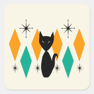 Mid Century Modern Atomic Starbursts Diamonds Cat Square Sticker