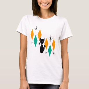 Mid Century Modern Atomic Starbursts Diamonds Cat T-Shirt