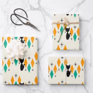 Mid Century Modern Atomic Starbursts Diamonds Cat Wrapping Paper Sheet