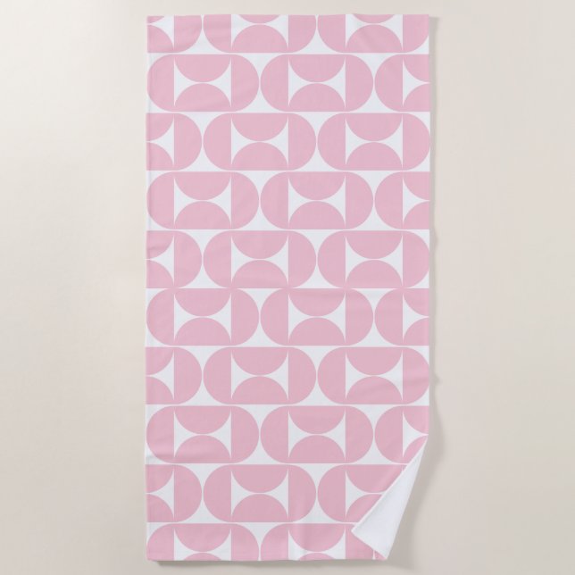Mid Century Modern Baby Pink And White Pattern Beach Towel (Front)