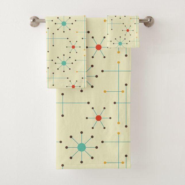 Mid-Century Modern Bath Towel, Starburst Pattern Towel Set (Insitu)