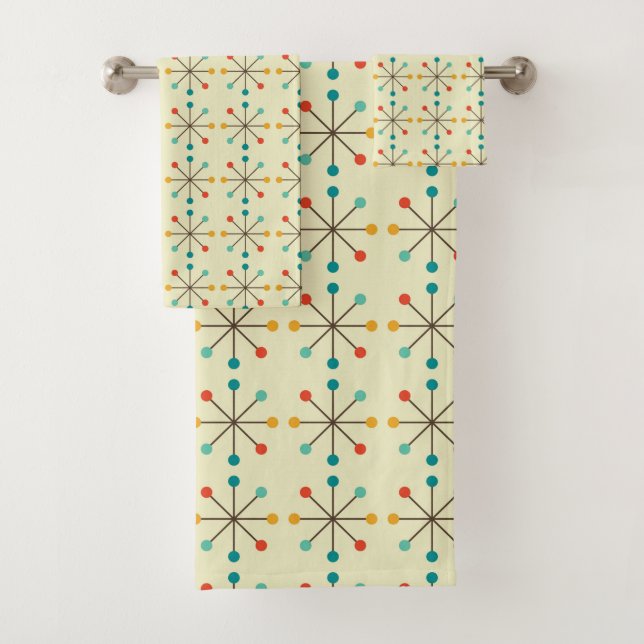 Mid-Century Modern Bath Towel, Starburst Pattern Towel Set (Insitu)