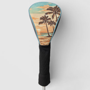 mid century modern beach Hawaii sunset palm trees  Golf Head Cover