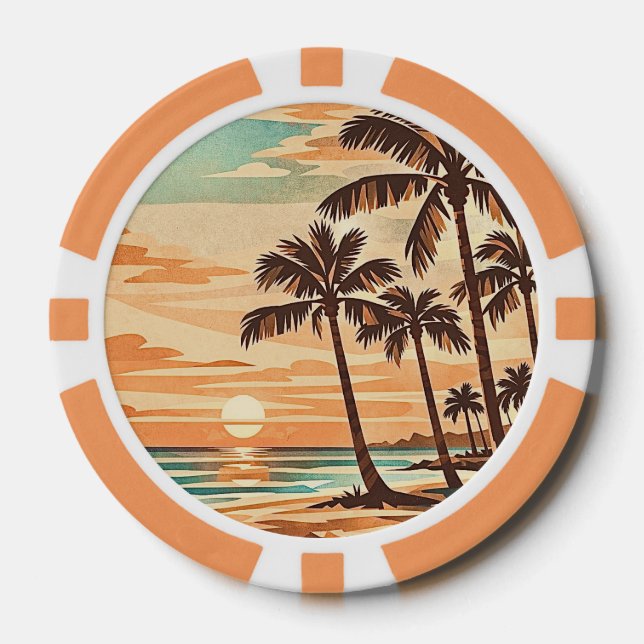 mid century modern beach Hawaii sunset palm trees  Poker Chips (Front)