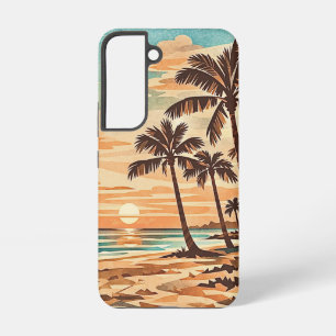 mid century modern beach Hawaii sunset palm trees  Samsung Galaxy Case