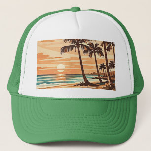 mid century modern beach Hawaii sunset palm trees Trucker Hat