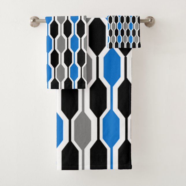 Mid-Century Modern Black, Blue, Grey Hexagons Bath Towel Set (Insitu)