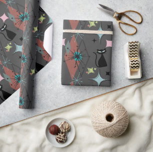 Mid Century Modern Black Cats and Star Pattern Wrapping Paper