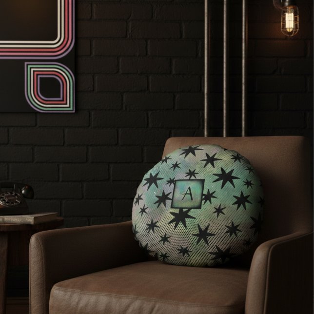 Mid Century Modern Black Stars Monogram Round Cushion (Creator Uploaded)