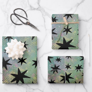 Mid Century Modern Black Stars Wrapping Paper Sheet