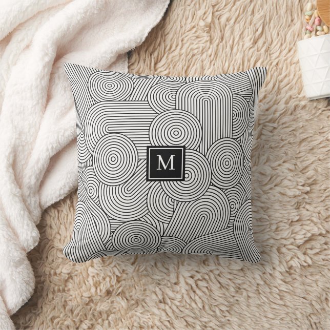 Mid Century Modern Black White Monogrammed Initial Cushion (Blanket)