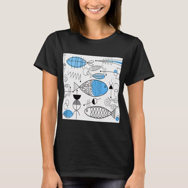 Mid-Century Modern Blue Fish T-Shirt (Front)
