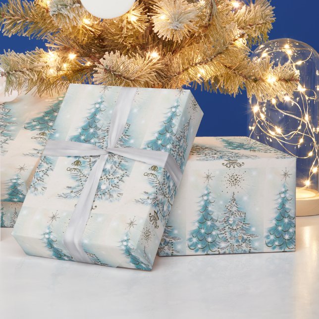Mid Century Modern Blue Silver Christmas Trees Wrapping Paper (Holidays)