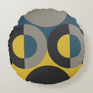 Mid-Century Modern Blue yellow Gunmetal Round Cushion
