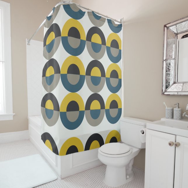 Mid-Century Modern Blue yellow Gunmetal      Shower Curtain (In Situ)