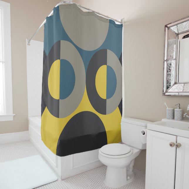 Mid-Century Modern Blue yellow Gunmetal     Shower Curtain (In Situ)