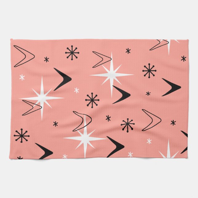 Mid Century Modern Boomerangs Salmon Pink Tea Towel (Horizontal)