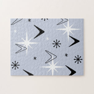 Mid Century Modern Boomerangs Silver Blue Jigsaw Puzzle