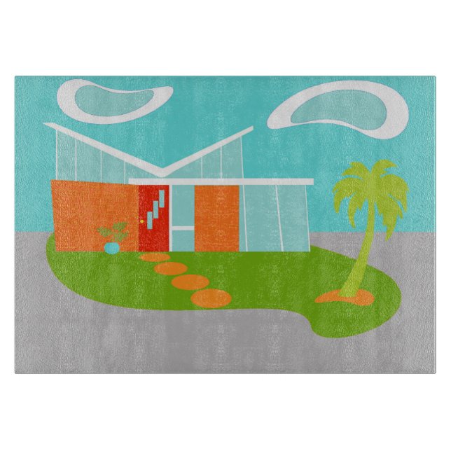 Mid Century Modern Cartoon House Cutting Board (Front)