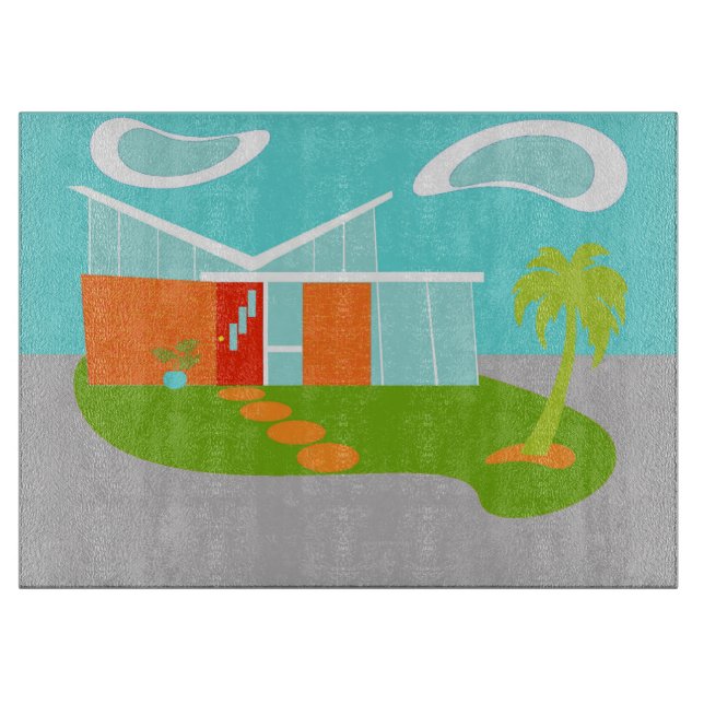 Mid Century Modern Cartoon House Cutting Board (Front)