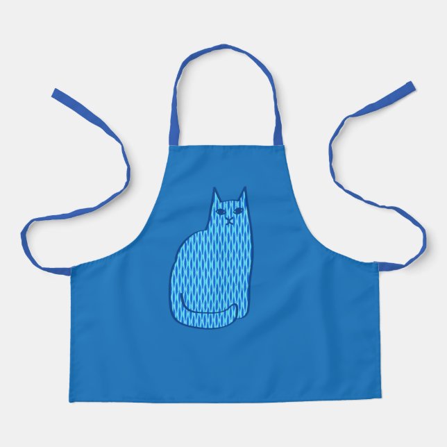 Mid-Century Modern Cat, Cobalt and Light Blue Apron (Front)