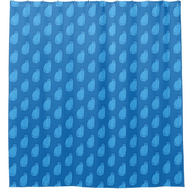 Mid-Century Modern Cat, Cobalt and Light Blue    Shower Curtain (Front)
