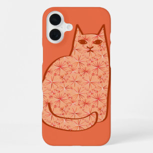 Mid-Century Modern Cat, Coral Orange and White iPhone 16 Plus Case