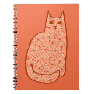 Mid-Century Modern Cat, Coral Orange and White Spiral Notebook