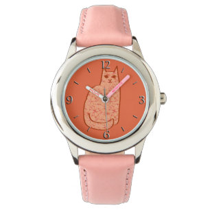 Mid-Century Modern Cat, Coral Orange and White Watch